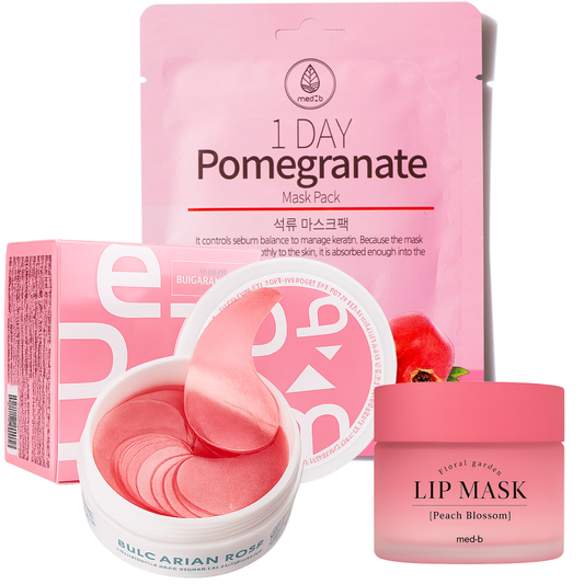 MedB Pink Glow Trio – kaukių rinkinys lūpoms, paakiams ir veidui eleyshop.lt