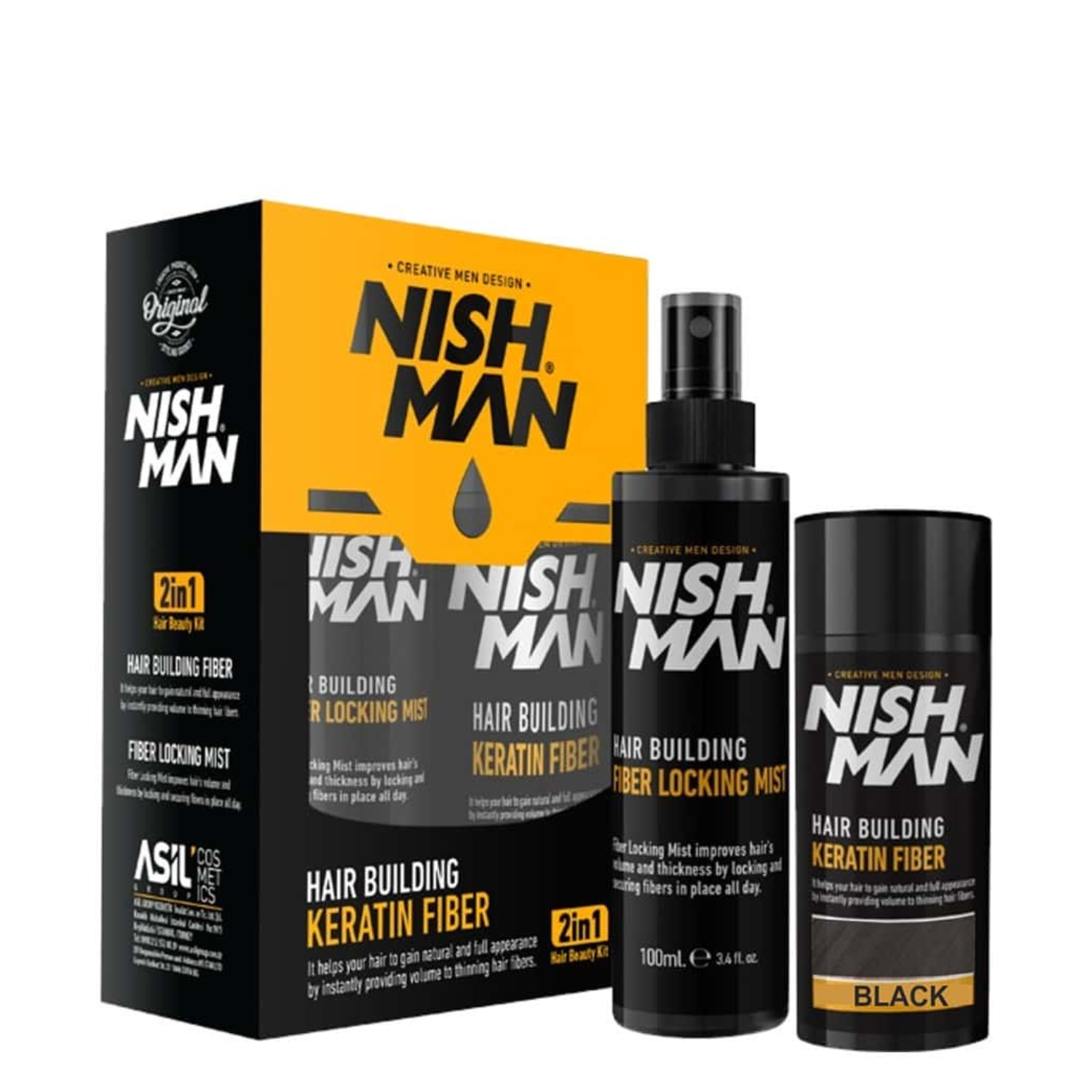 Nishman Plaukų tankinimo rinkinys: keratino pluošto pudra ir fiksavimo purškiklis / HAIR BUILDING KERATIN FIBER & LOCKING MIST SPRAY SET, 20 g + 100 ml black juodas