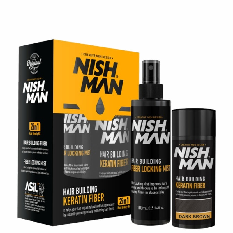 Nishman Plaukų tankinimo rinkinys: keratino pluošto pudra ir fiksavimo purškiklis / HAIR BUILDING KERATIN FIBER & LOCKING MIST SPRAY SET, 20 g + 100 ml dark brown tamsiai rudas