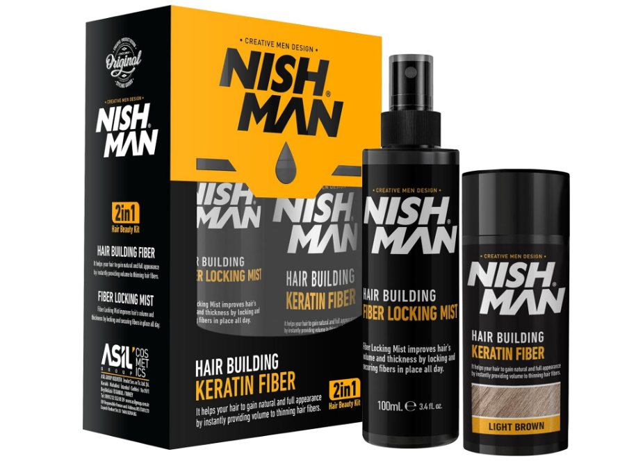 Nishman Plaukų tankinimo rinkinys: keratino pluošto pudra ir fiksavimo purškiklis / HAIR BUILDING KERATIN FIBER & LOCKING MIST SPRAY SET, 20 g + 100 ml light brown šviesiai rudas
