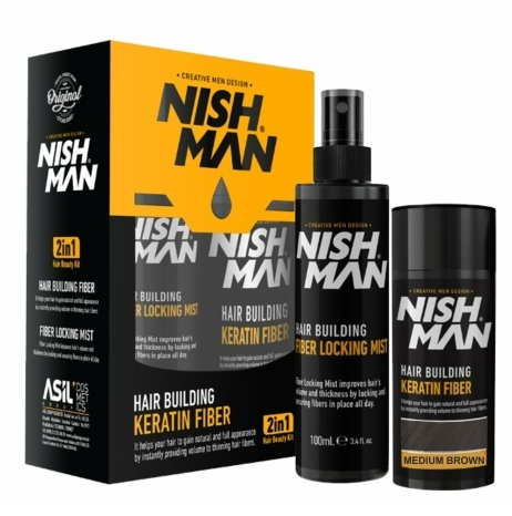 Nishman Plaukų tankinimo rinkinys: keratino pluošto pudra ir fiksavimo purškiklis / HAIR BUILDING KERATIN FIBER & LOCKING MIST SPRAY SET, 20 g + 100 ml - medium brown tamsiai rudas